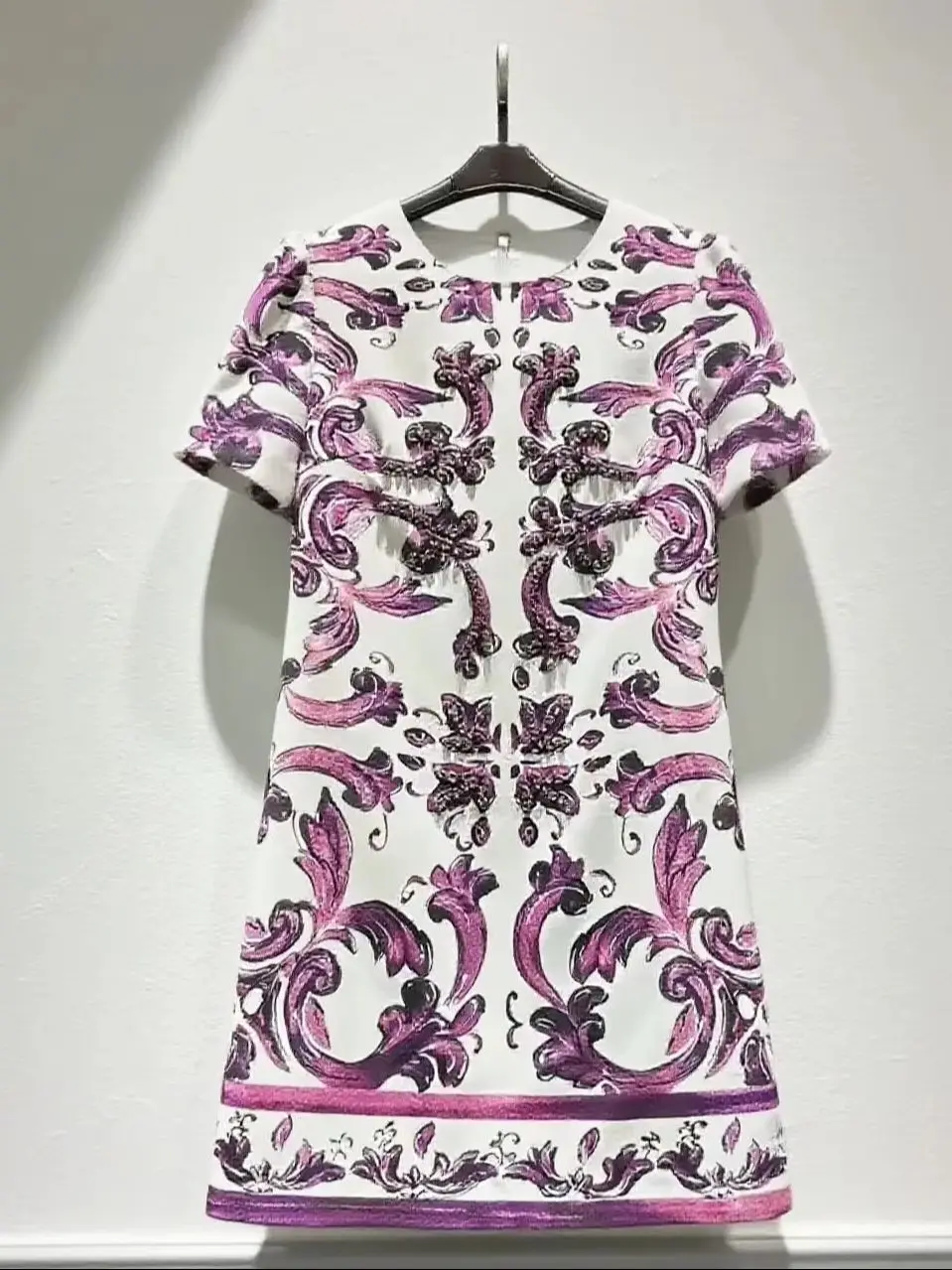 Vintage flores impressão vestidos femininos luxo diamantes elegante vestido de manga curta em torno do pescoço elegante senhora mini vestidos a linha