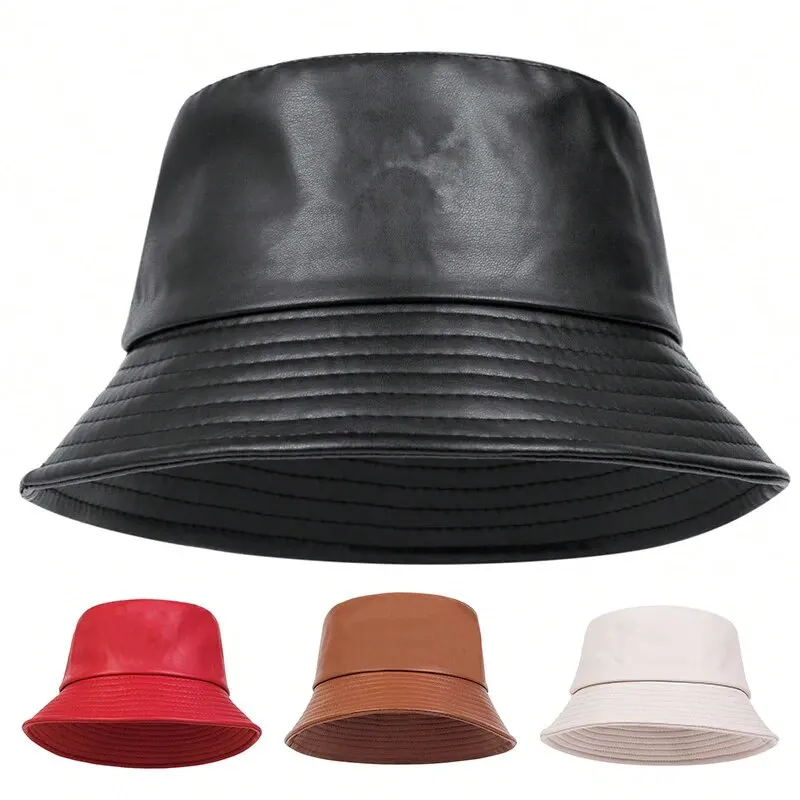 Unisex Solid Color Personality Pu Leather Bucket Hats Fishermen Caps Outdoor Casual Cap Sunscreen Hat
