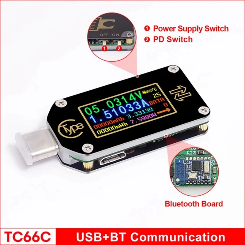 TC66C Type-C PD Trigger USB Voltmeter Ammeter Voltage 2 Way Current Meter Multimeter With Bluetooth