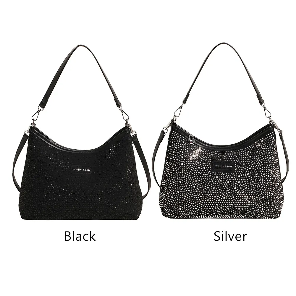 

Women PU Rhinestones Shoulder Bag Large Capacity Stylish Crossbody Bag Adjustable Strap Simple Satchel Bag Outdoor Travel Bag