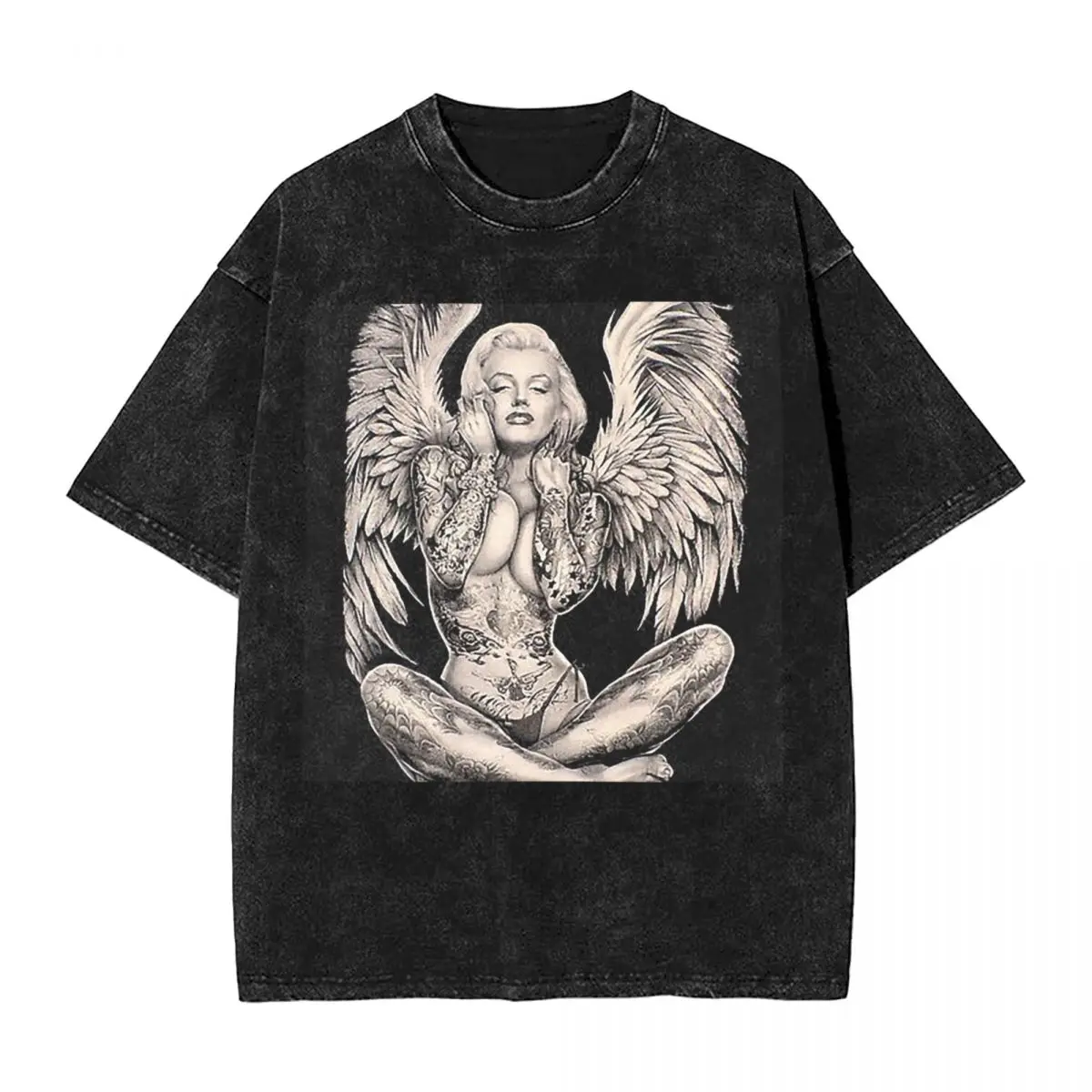 الشارع الشهير تي شيرت مارلين خمر مجردة الوشم الملاك غسلها تي شيرت قصير الأكمام الهيب هوب قمم تي شيرت تيز للرجال والنساء