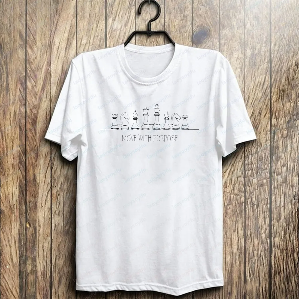 Move with Purpose Statement Cotton Shirt for Men Chess Strategy Tee Board Game Streetwear Vintage Classic Summer Ropa Hombre