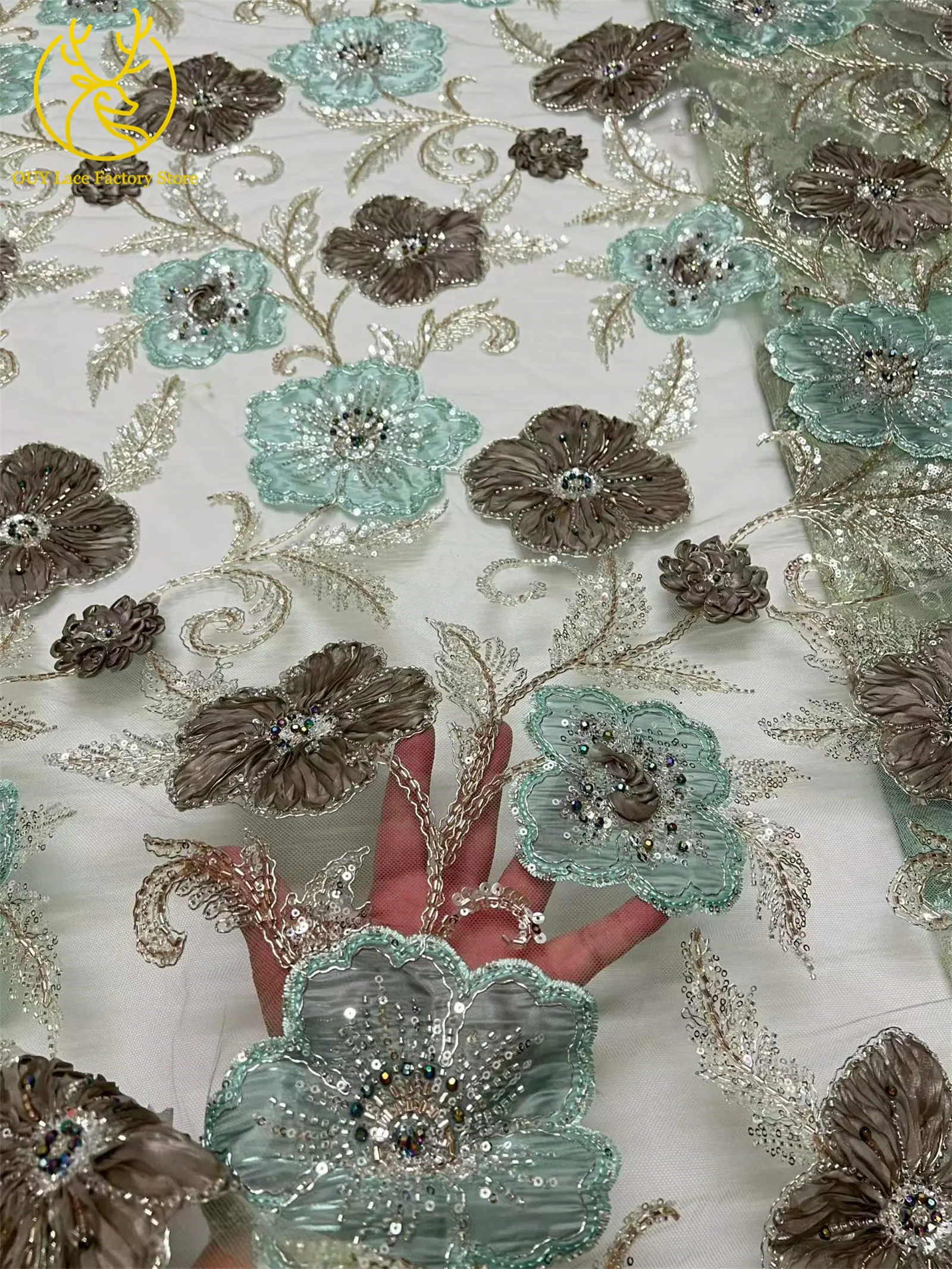 Luxuriöser nigerianischer bestickter Perlen-Spitzenstoff 2026 – Hochwertiger französischer afrikanischer Pailletten-Spitzenstoff für Partykleider zum Nähen, 5 Yards – Detail 15