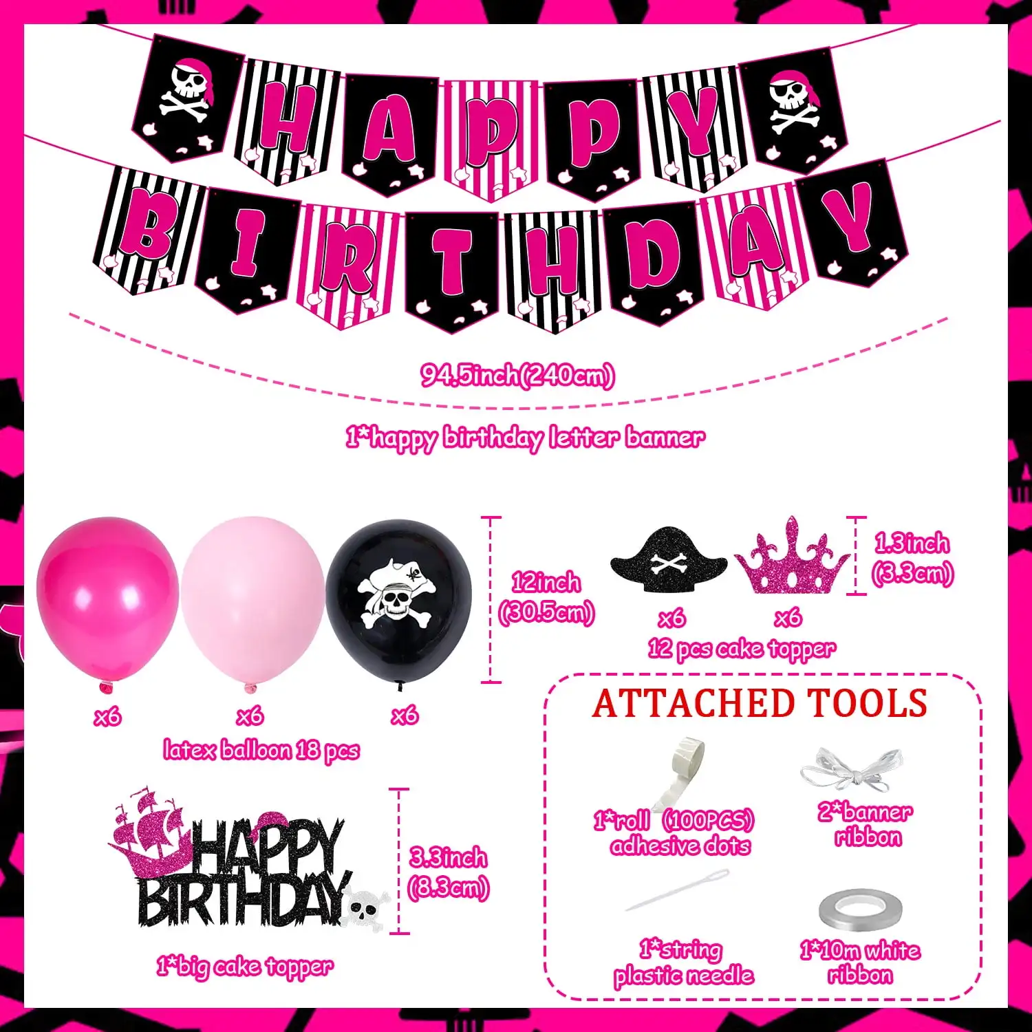 Pirate Theme Party Decorations for Girl, Hot Pink and Black Pirate, Happy Birthday Banner, Balloon, Party Supplies