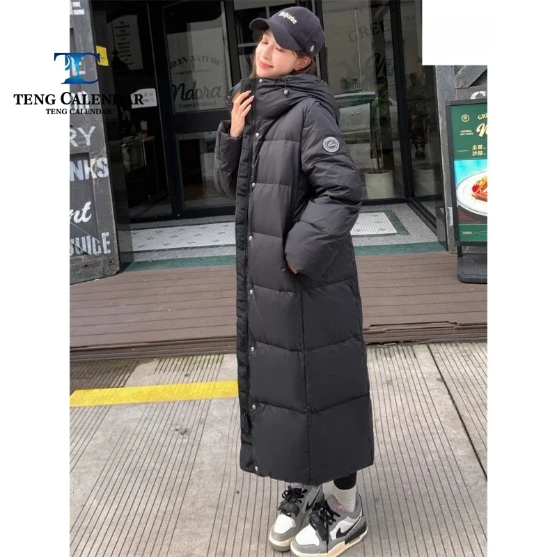 Long Down Jacket with Knee High Hood for Women, Thick and Warm Loose Duck Down Jacket, Korean Style, Fashionable, New Style, 202