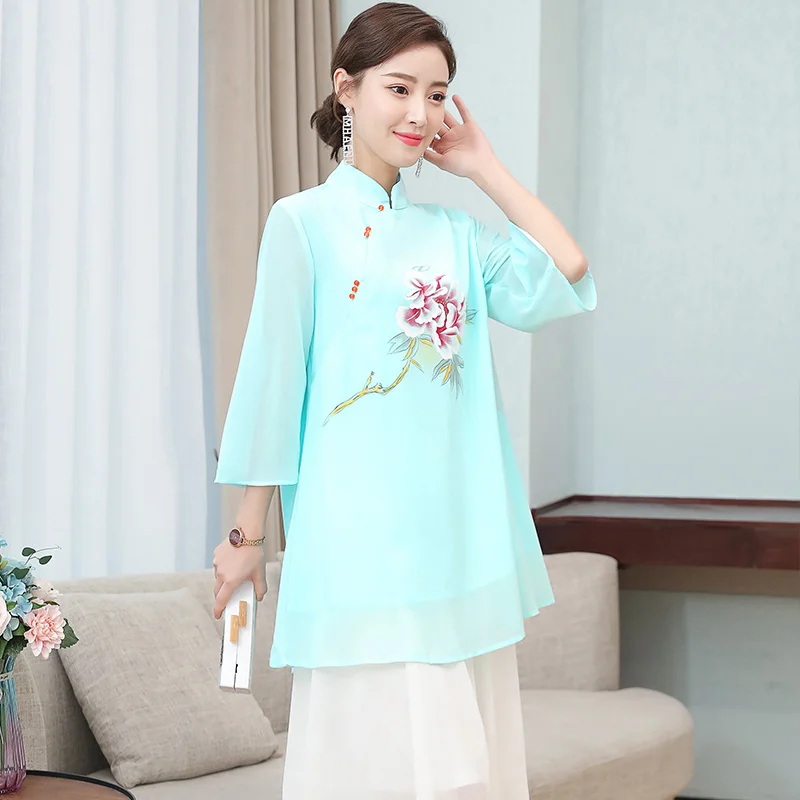 

National Style Print Women Blouse Chinese Vintage Traditional Clothing Hanfu Tops Spring Summer New Elegant Loose Female Shirt