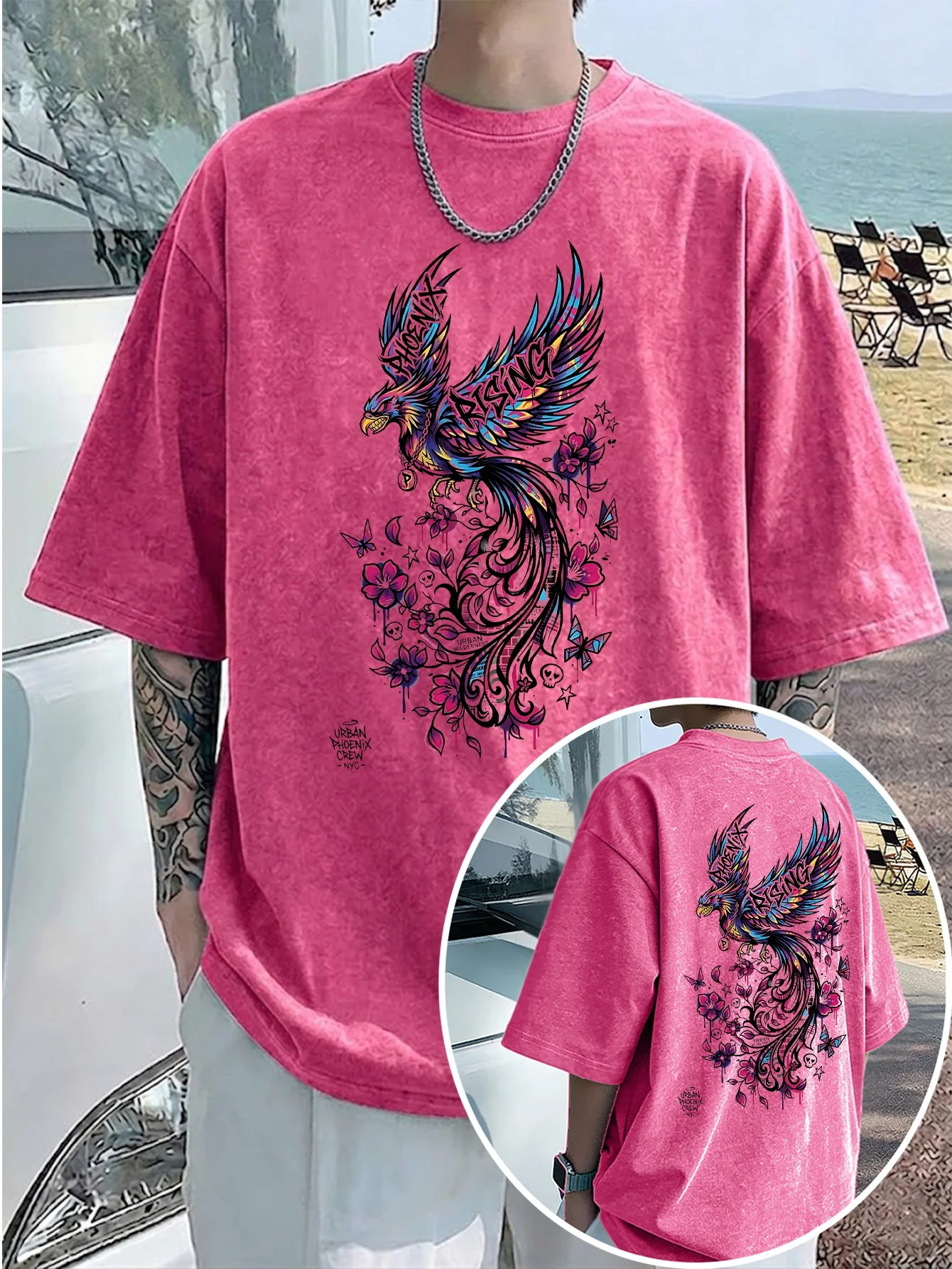 Men Washed Cotton T-shirt, American New Traditional Phoenix Rebirth High Saturation Art Double Print Street Short Sleeve S-3XL