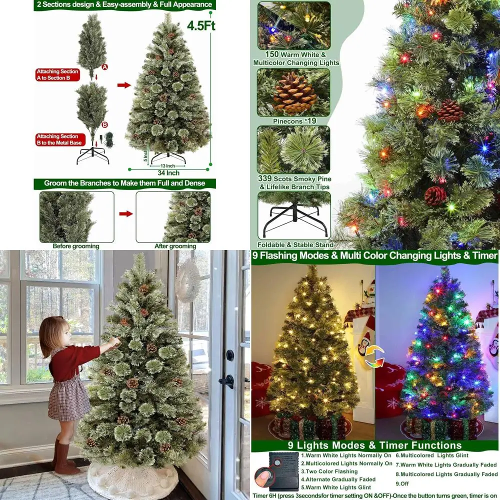 

4.5 Ft Frosted Smoky Pine Artificial Christmas Tree with 150 LED Lights, Warm White & Multicolor, 339 Dense Branches, Pine Cones