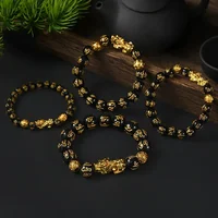 Black Obsidian Wealth Bracelet Adjustable Releases Negative Energies Bracelet with Golden Pi Xiu Lucky Wealthy Amulet Bracelet - Image 2