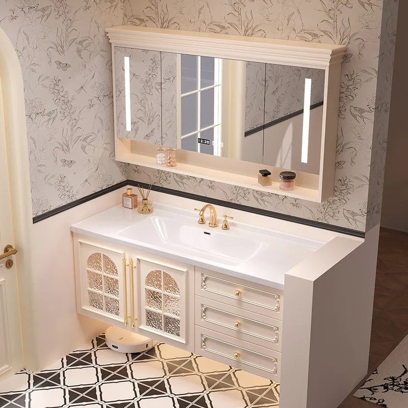 Conjunto de Muebles de Baño Estilo Crema Francés, Moderno, con Lavabo de Cerámica Curvo, Mueble de Baño con Gabinete, Baño FYBC