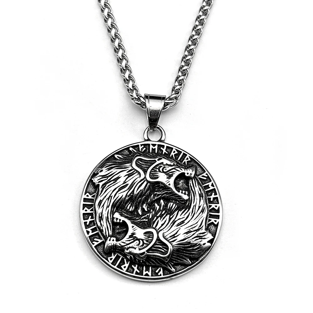 Nordische Mythische Doppel-Wolf-Rune-Kette für Damen und Herren, Edelstahl, Schwarz, Retro, Okkultismus, Herrenhalskette, Schmuckgeschenke – Detail 4