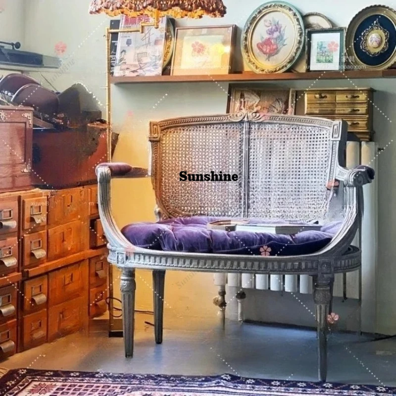 

French retro solid wood rattan art casual single sofa old velvet fabric double chair