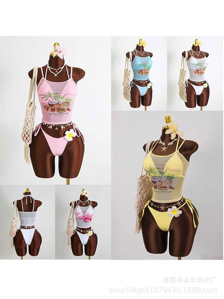 

2026 Tropical Fruit Letter Print Halter Tankini Set Women 3 Piece Swimsuit with Vest Tops Cover Up Summer Holiday Beachwear New