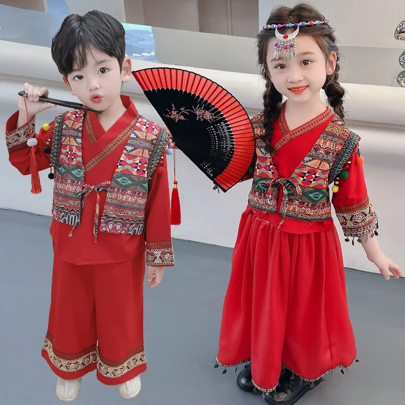 

Children Ethnic Hanfu Set Spring and Autumn Chinese Ethnic Minority Clothing Set Red Suitable for Both Boy and Girls