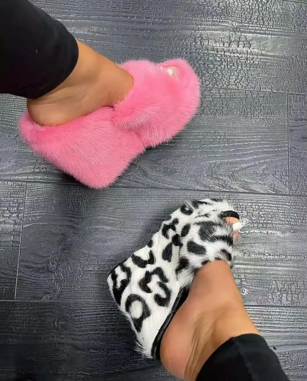 Brand Luxury new women feminine high-heeled fur drag outdoor all-match shoes slippers round head wedges with mink fur slippers