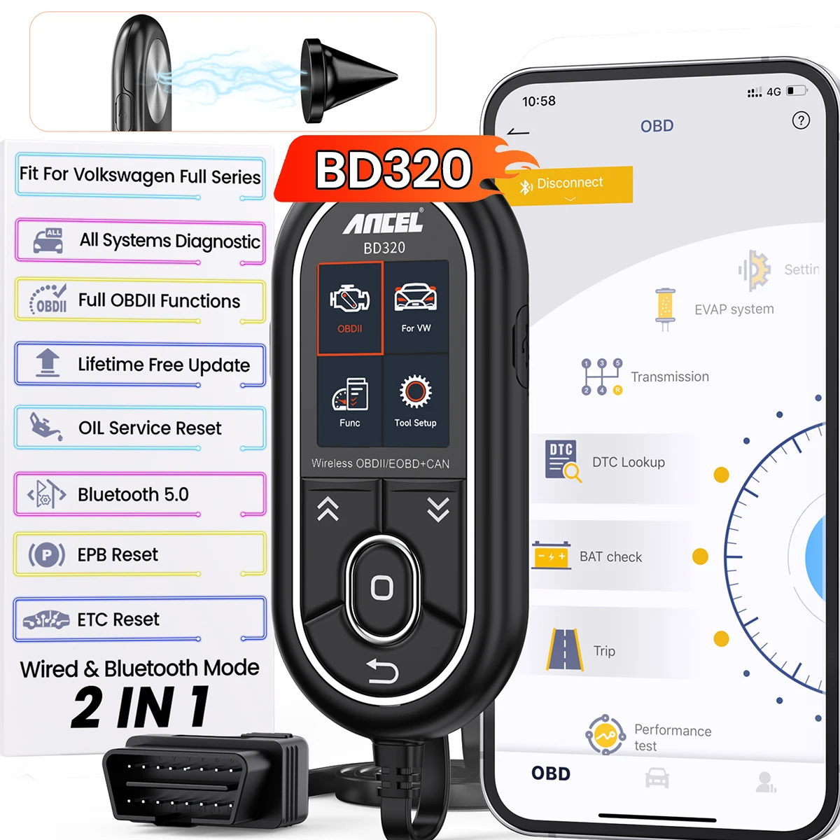 

ANCEL BD320 Bluetooth OBD2 сканер для VW Audi Skoda Seat все системы EPB дроссельная заслонка сброс масла считыватель кодов автомобильный диагностический сканер