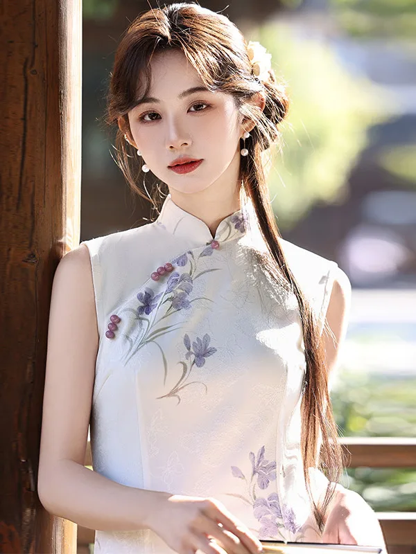 

New Chinese Sle Long Svel Waist-Cut Young Women's Office Wear Summer Breathable Low Slit Floral Pattern