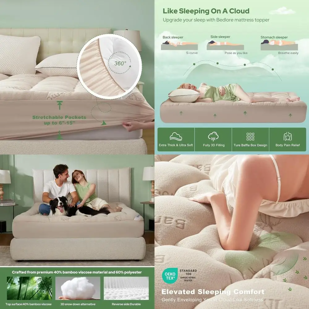 

Bamboo Viscose Full Size Mattress Topper with Pillow Top and Stretchable Pockets for 6-15 Mattresses, Breathable for Back Pain R