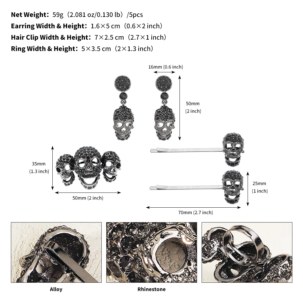 Gothic Punk Schwarze Spinne Tier Fledermaus Halloween Schädel Offenen Finger Ring Party Ring Ohrring Haar Clip Krone Tiara Haar Schmuck – Detail 5