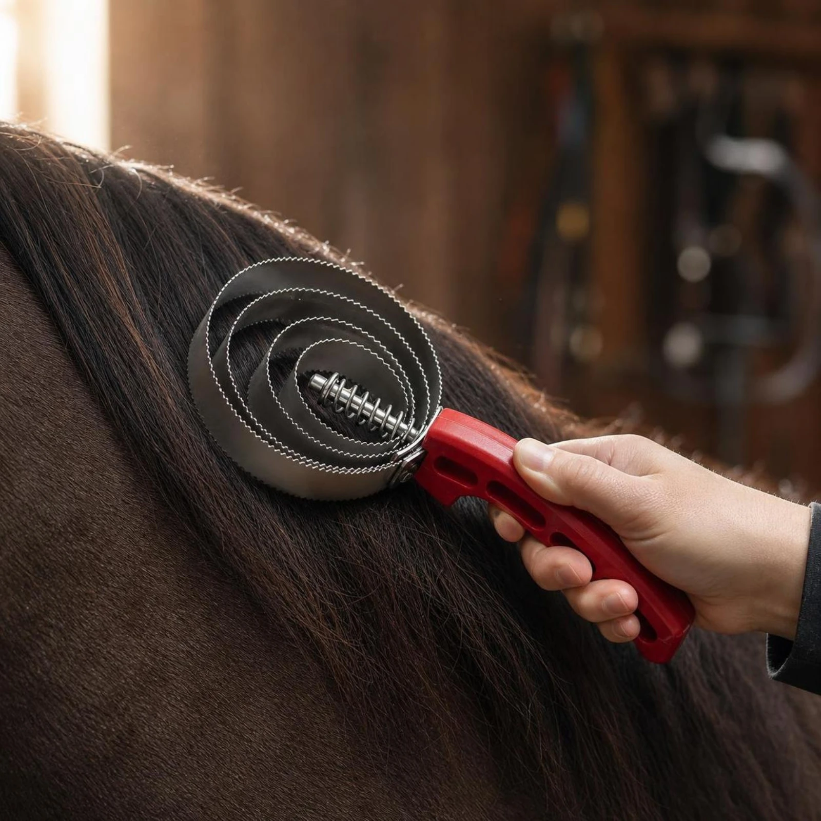 5 Pieces Horse Grooming Kit with Sweat Scraper Detangling Horse Comb Set with Hair Bands Sturdy Safe for Riders, Stable view 6
