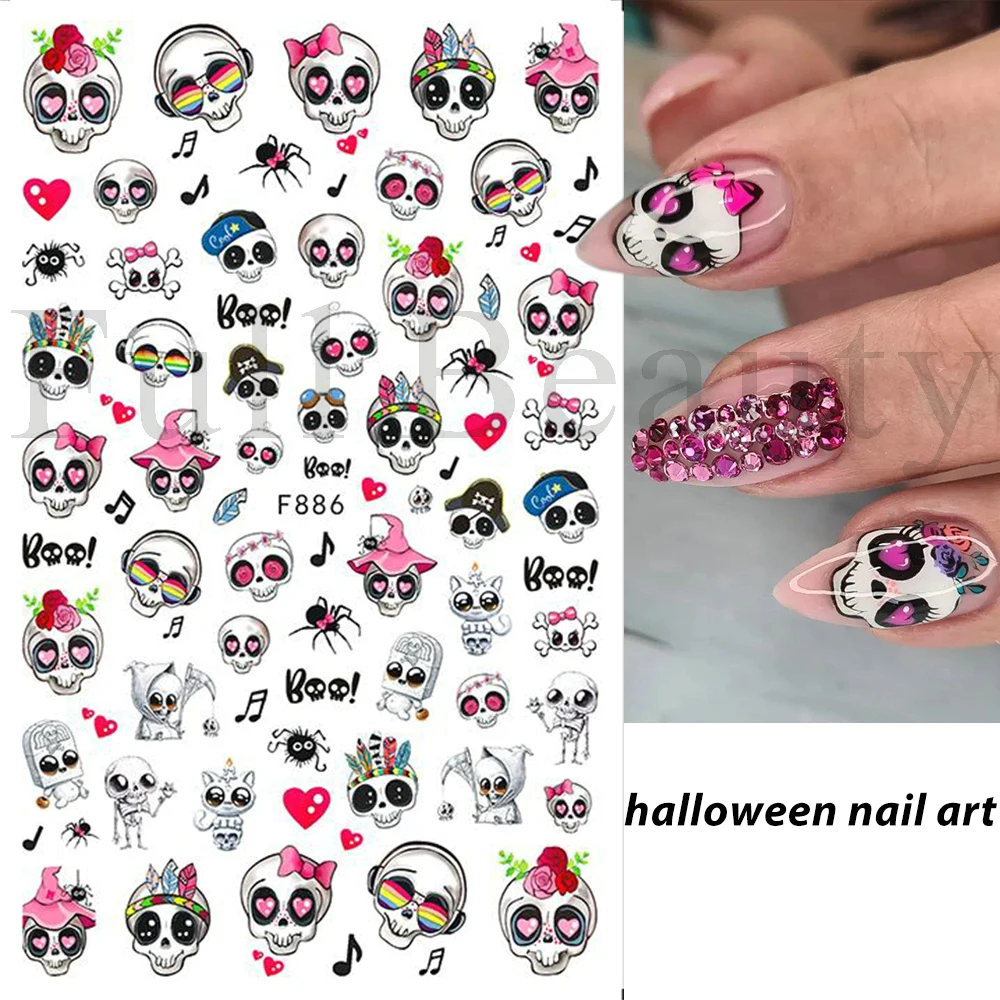 Cute Cartoon Skull Nail Stickers Spooky Halloween Decoration Ghost Bat Evil Pumpkin Sliders For Manicure Blood Nail Decal GLF886