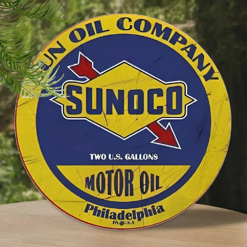 2D Flat, Vintage Sunoco 2 Gallon Oil Can Aluminum Wall Art - 7.8X 7.8inch Vintage Blue and Yellow Color Scheme with Arrow, Durable m