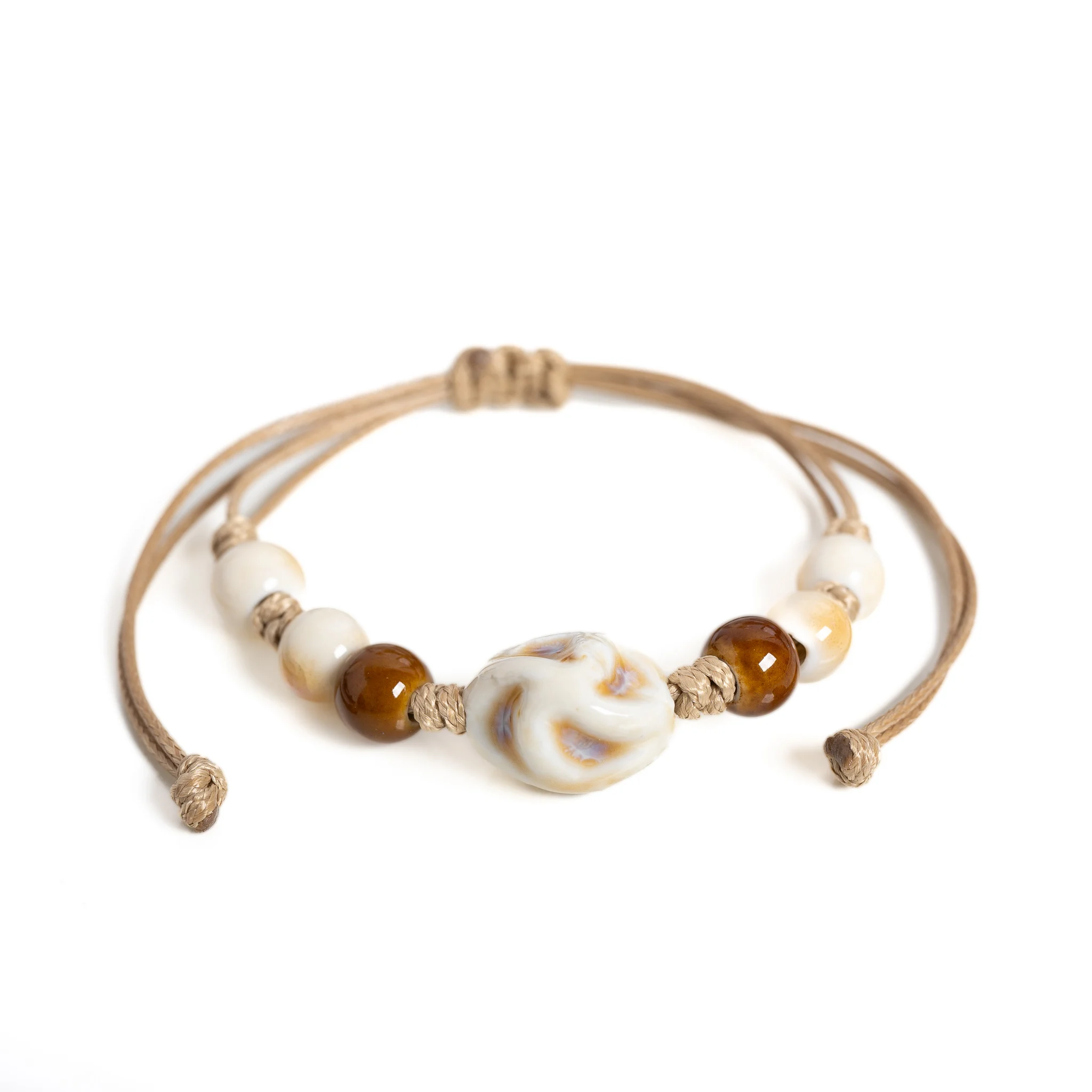 Vintage White Ceramic Walnut Bead Bracelet Handmade Adjustable Wax Cord Porcelain Beaded Bracelet Minimalist Jewelry Gift for Wo