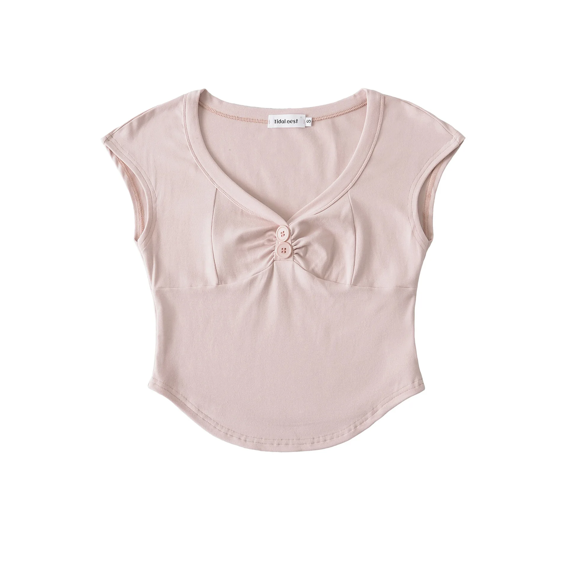 Summer Pure Desire Style Deep V-Neck Ruched Bust-Enhancing Short-Sleeve Top 2025 New Model Curved High-Waisted Hot Girl 42IS