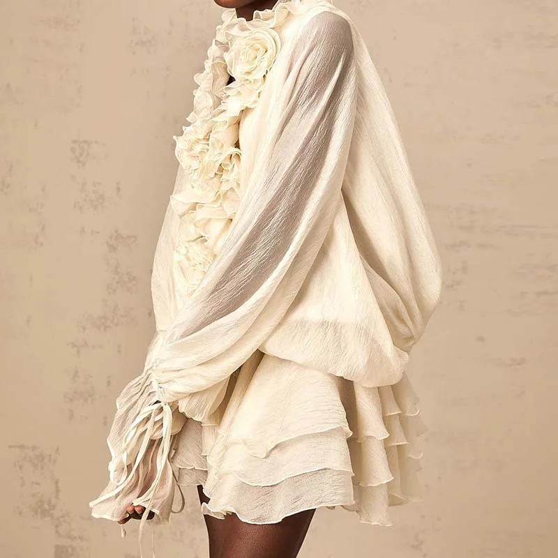 Vestido de fiesta liso informal para mujer, minivestido elegante con cordones y retazos de flores a la moda, vestido acampanado con volantes y manga acampanada con cuello en V