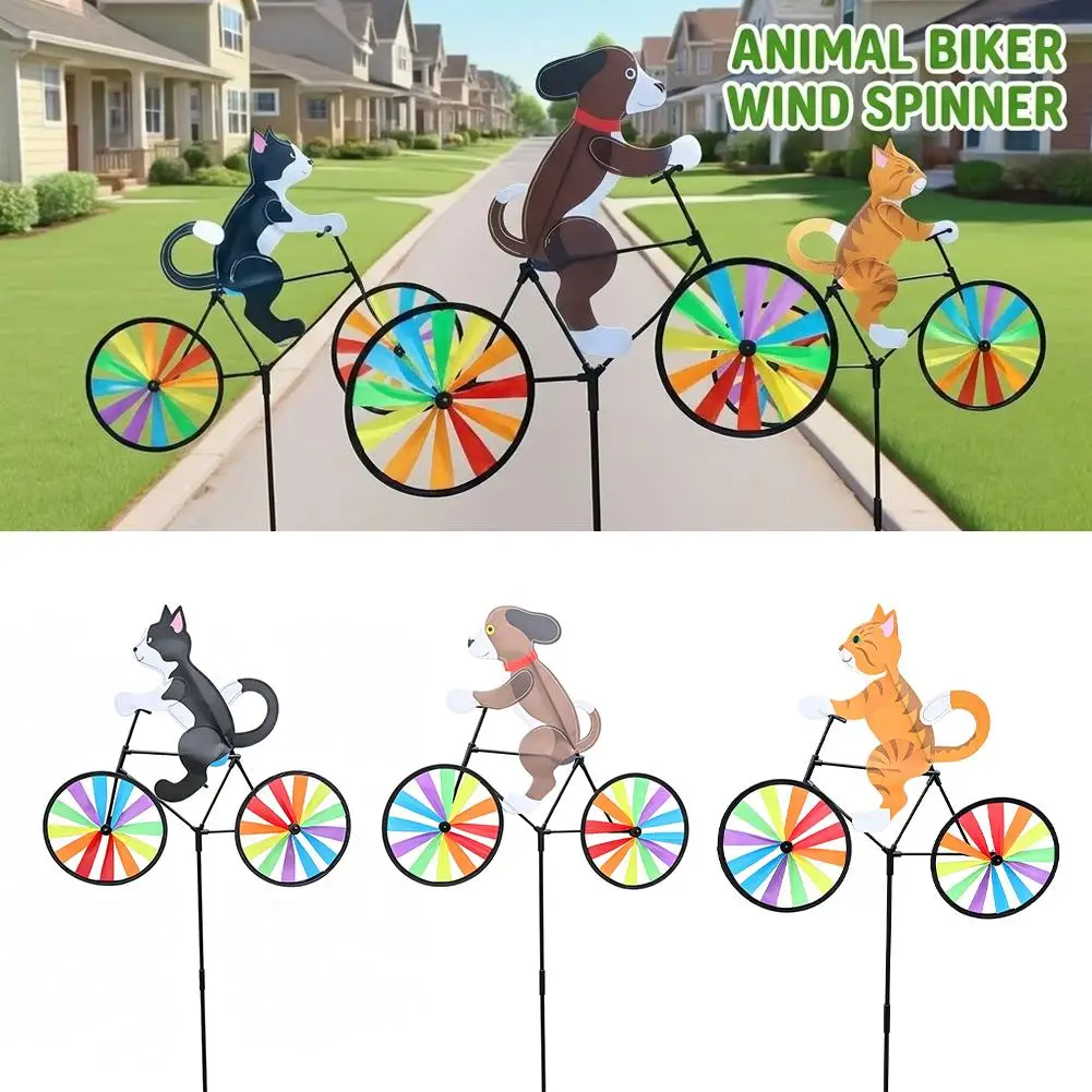 Animal Riding Bicycle Wind Spinner Rainbow Wheel Pinwheel Large 90cm Yard Stake Dynamic Whirligig For Garden Lawn Outdoor Decor