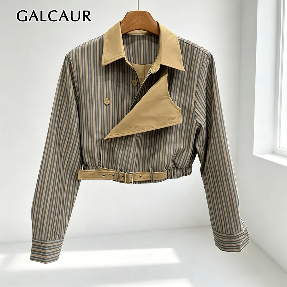 GALCAUR Striped Spliced Belted Slimming Jacket for Women Lapel Collar Long Sleeve Patchwork Button Casual Jackets Female Fashion