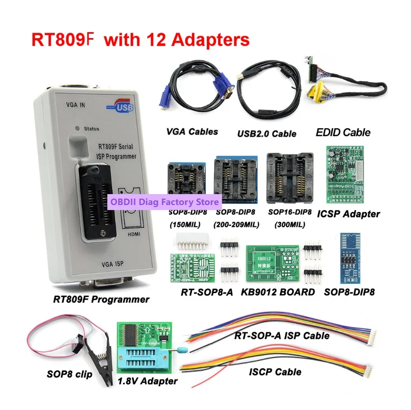 RT809F ISP Programmer RT809 Lcd Usb Chip Eeprom Programmer Car Repair Tools 24 25 93 Serise IC with Full Adapters