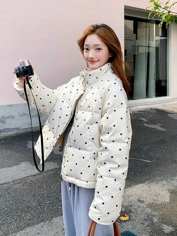 

Ретро-куртка женская зимняя модная утепленная на молнии с воротником-стойкой в горошек, из хлопка, теплая, утолщенная