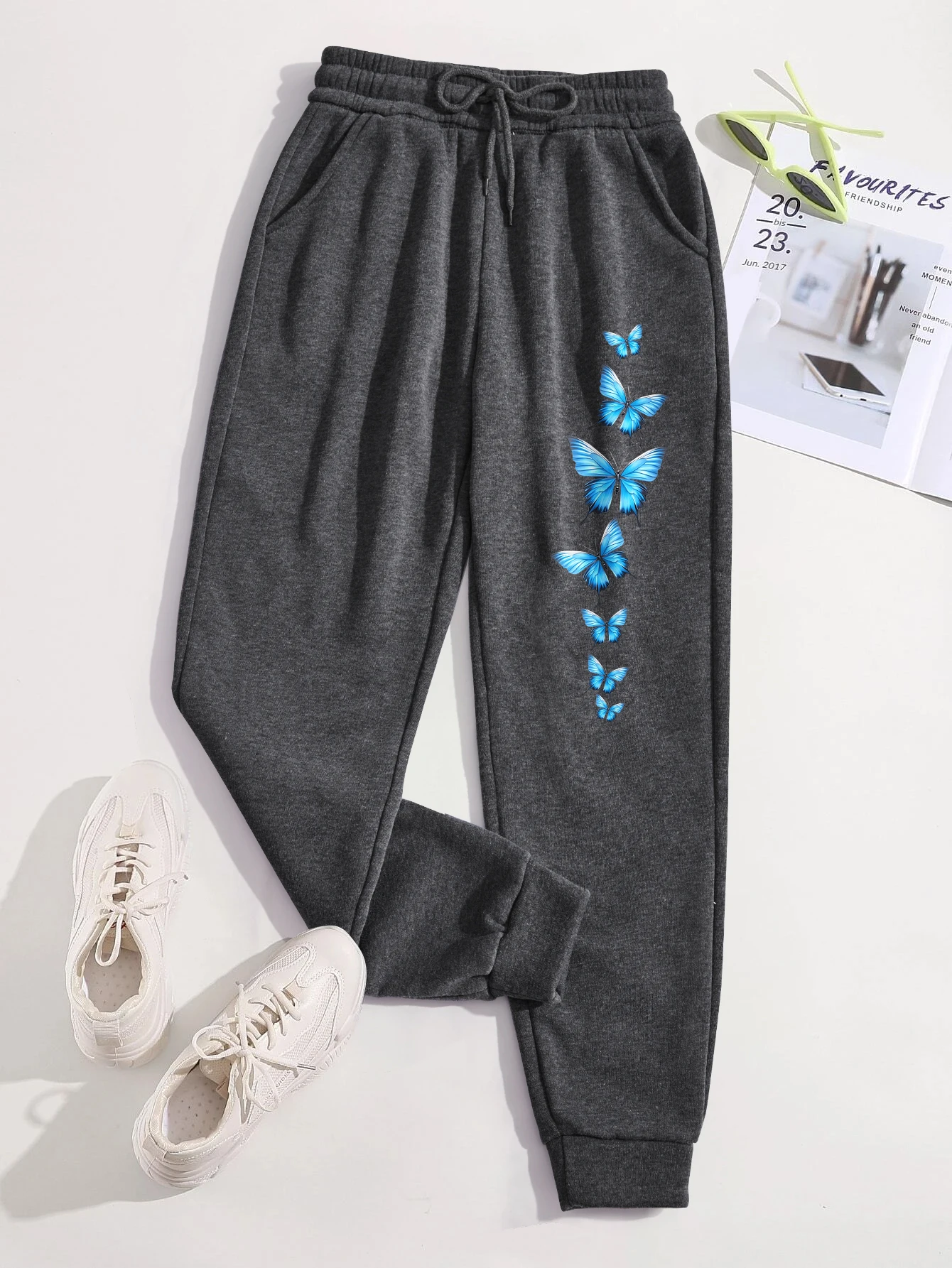 

Creative Blue Butterfly Prints Women Sweatpants Street Soft Pant Pocket Multicolor Sweatpant Autumn Fleece Y2K Jogging Pants