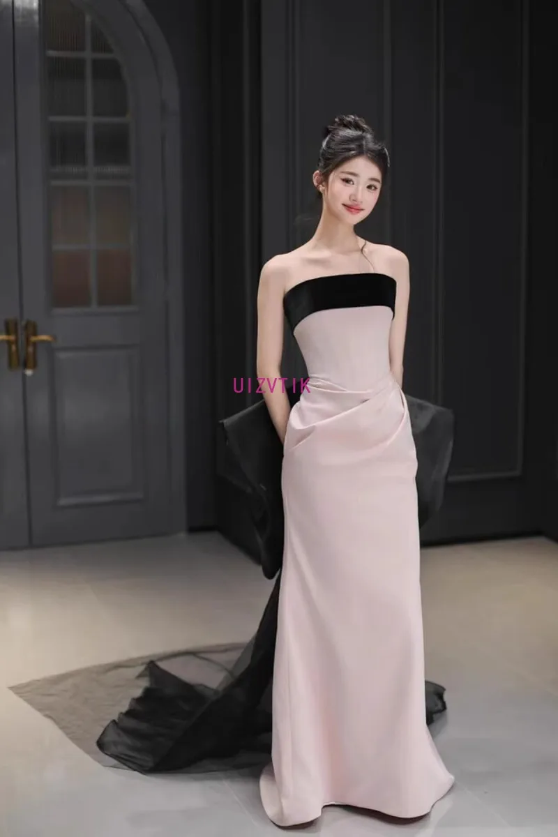 فساتين سهرة مثيرة بدون حمالات باللون الوردي للنساء بدون أكتاف بدون ظهر مع فيونكة لحفلات أعياد الميلاد فستان زفاف طويل حورية البحر بسيط