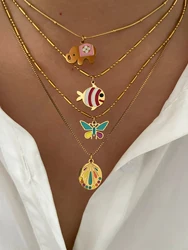Peri'sbox Dainty Cute Enamel Butterfly Elephant Fish Pendant Necklace For Women Girls High Quality Stainless Steel Trend Jewelry