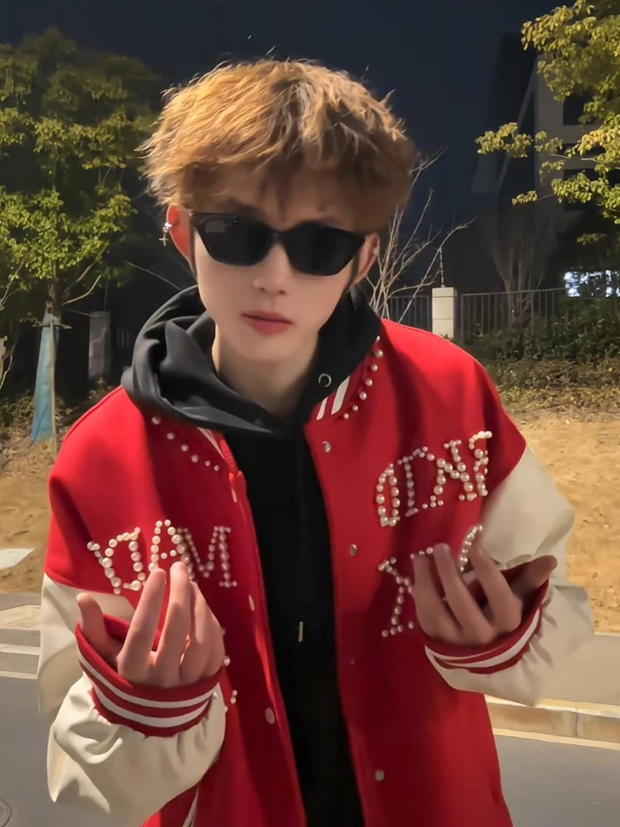 

Red Pearl Embroidery Baseball Jaet Men's Spring Color Blo High-End CleanFit Workwear Jaet Loose Fit Non-Iron Treaent