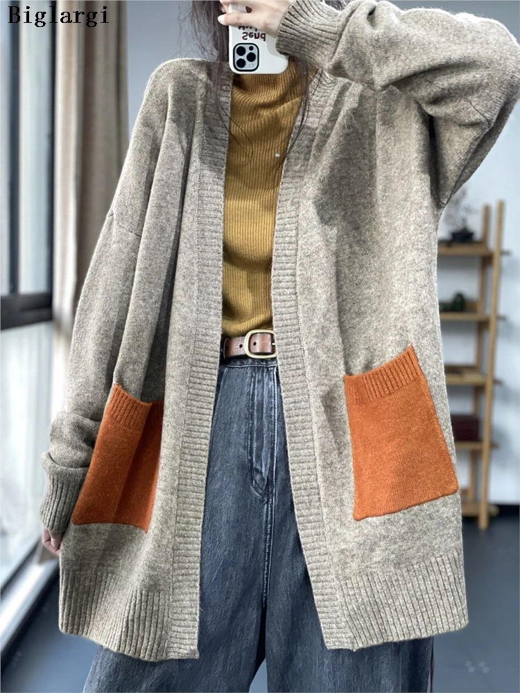 

Oversized Knitted Autumn Winter Midi Cardigan Women Patchwork Modis Casual Ladies Cardigans Long Sleeve Loose Woman Sweater Coat