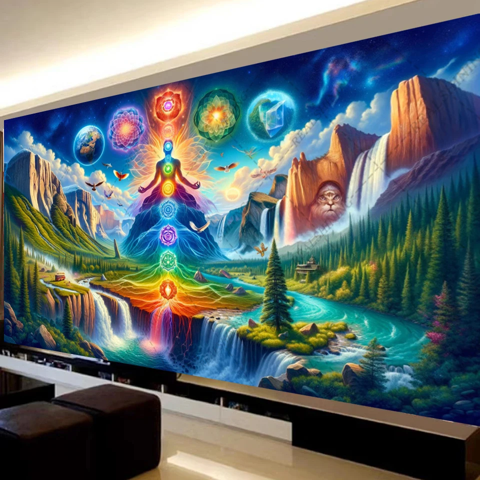 Pintura de diamante 5D Diy, arte completo de diamantes, cascada alpina, paisaje de árbol, icono de Yoga, mosaico de joyería, punto de cruz, arte grande para el hogar