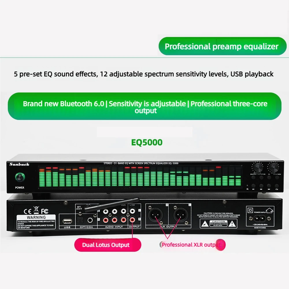EQ5000 Professioneller Front-End EQ Equalizer mit USB-Stick, Bluetooth 6.0, Spektrumanzeige und Canon-Ausgang für Zuhause