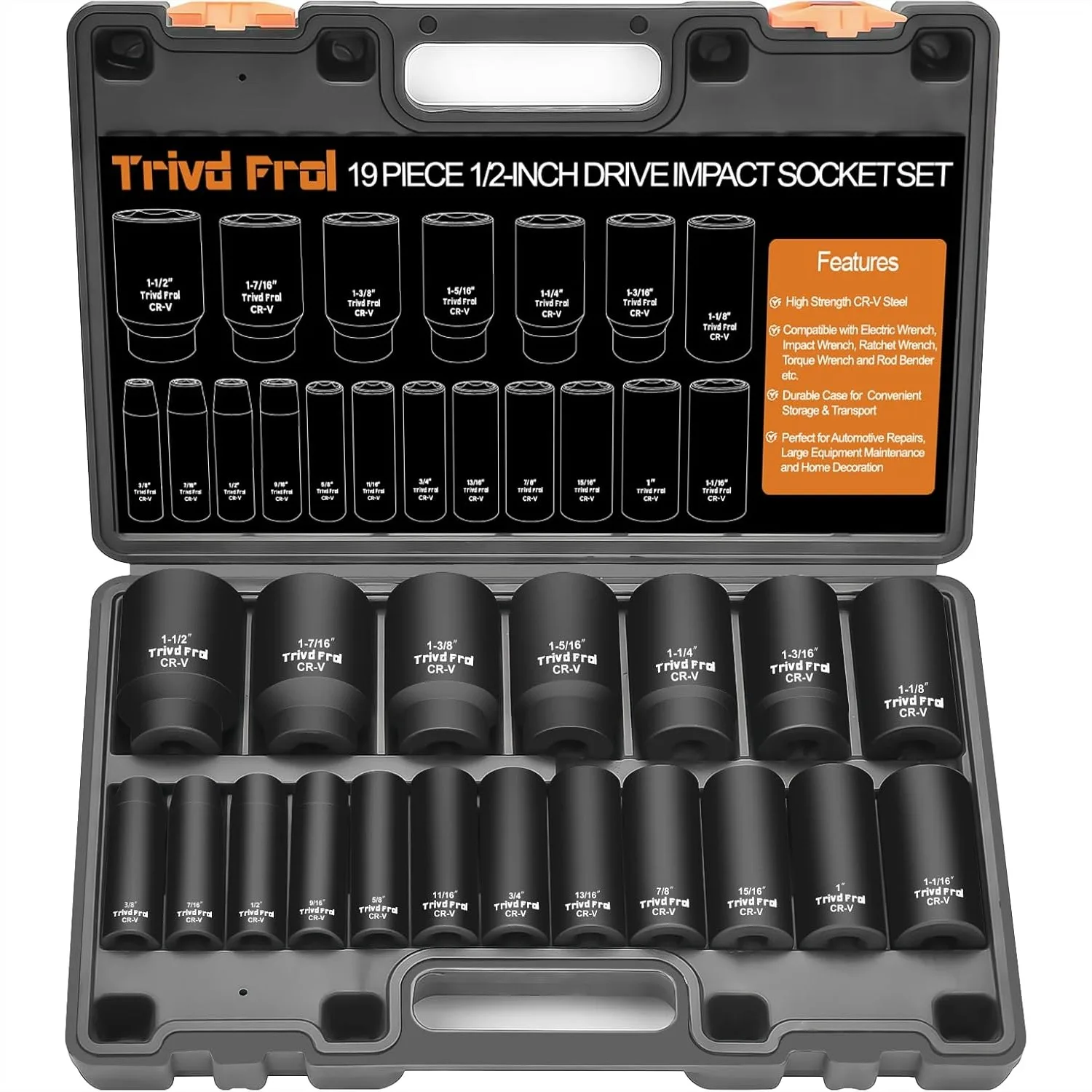 

SAE Impact Socket Set 1/2" Drive 19pc Deep Sockets 3/8" to 1-1/2" Cr-V Steel Double Lock Case