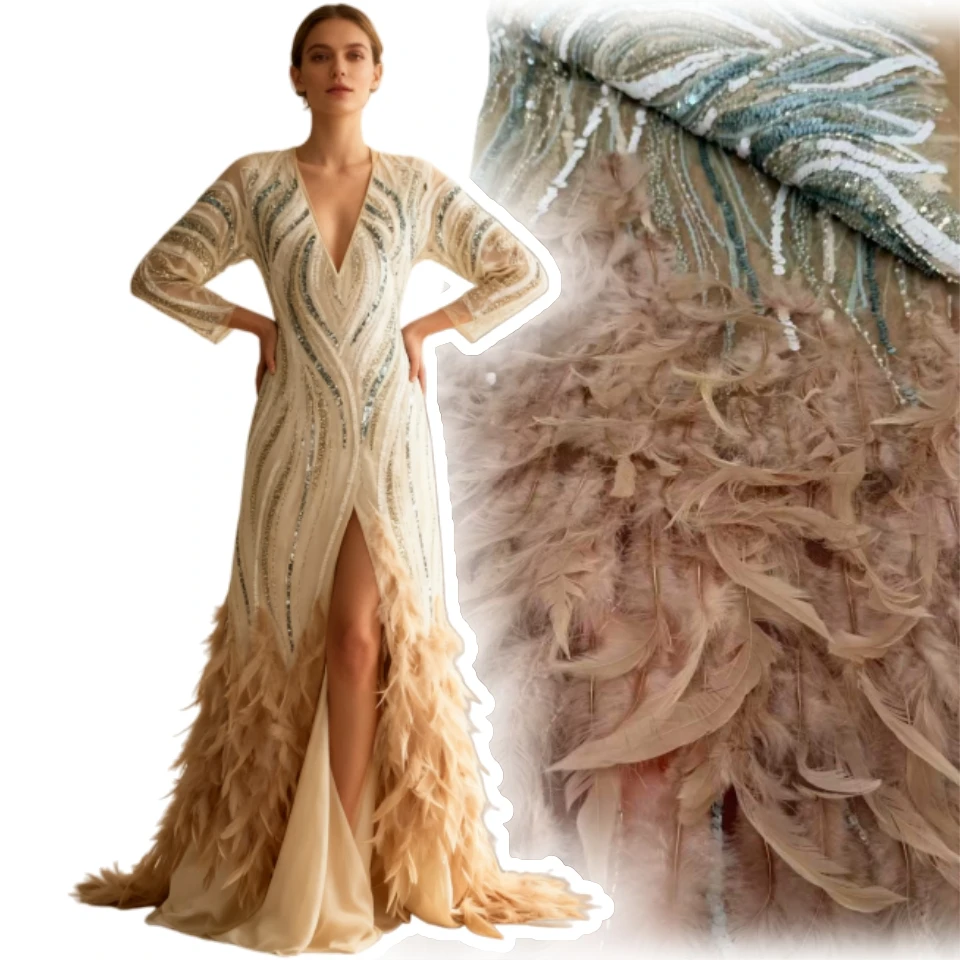 

Haute Luxury Plume Lace Fabric for Couture Design French African Nigerian Long Prom Clothes Wedding Sequins Decorations CC1808
