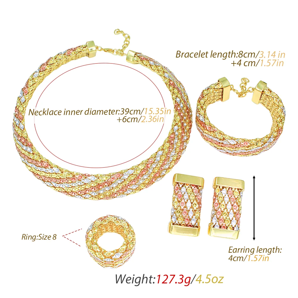 GZJPEI 2026 New Braided Mesh Texture Jewelry Set Dubai Bridal Wedding Luxury Tri-color Jewelry For Women & Mother Birthday Gifts