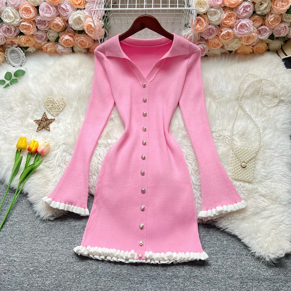 Yuoomuoo chique moda 2025 outono inverno feminino malha mini vestido estilo francês harajuku preto babados vestido de festa senhora outfits