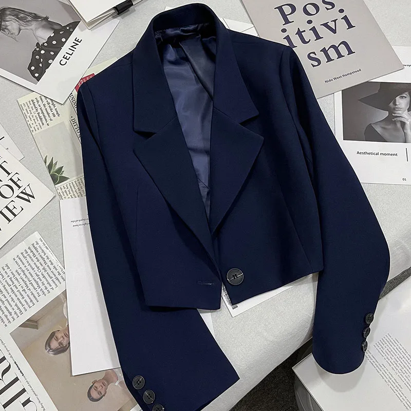 Xpqbb New Cropped Blazers Jacket Women 2024 Fashion All-match Single Button Suit Coat Ladies Korean Notched Collar Crop Jacket