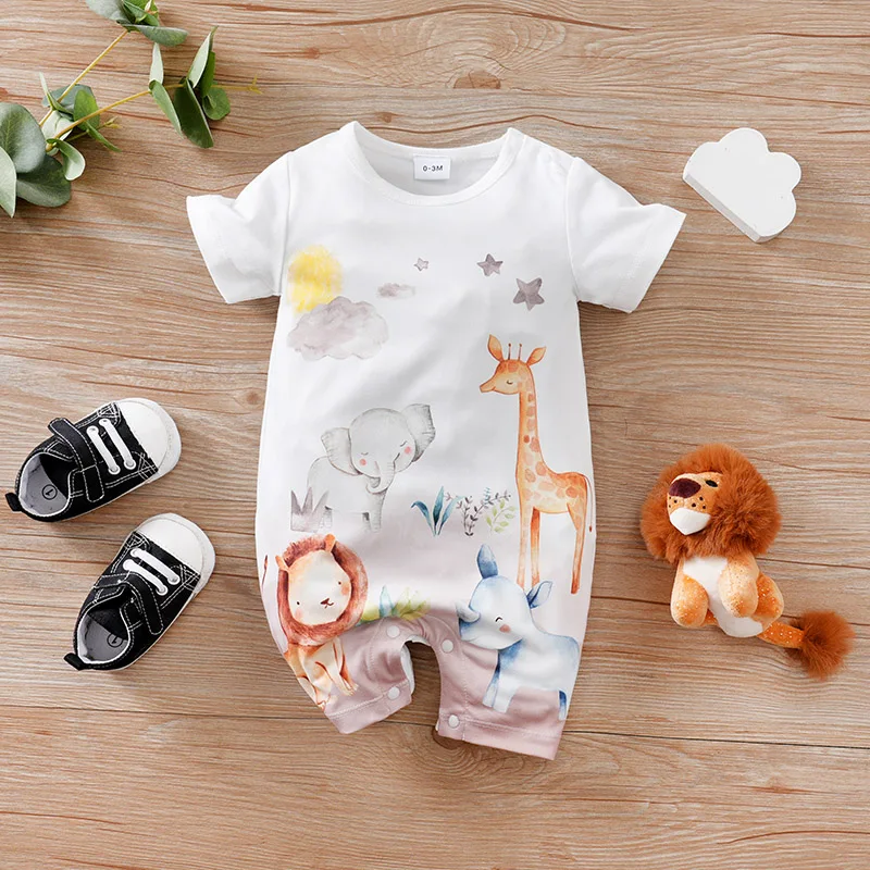 Newborn Clothing Cute Cartoon Grassland Animal Print Comfortable And Soft 0-18 Boys And Girls Summer Short Sleeved Baby Jumpsuit