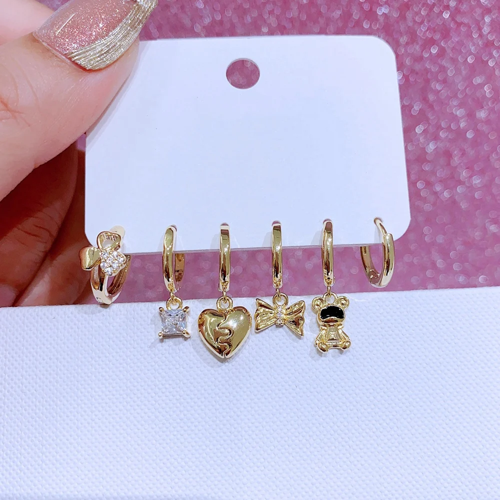 MIGGA 6pcs Cubic Zircon Clover Heart Bear Dangle Earrings Set Gold Plated Women Huggie Earrings Jewelry