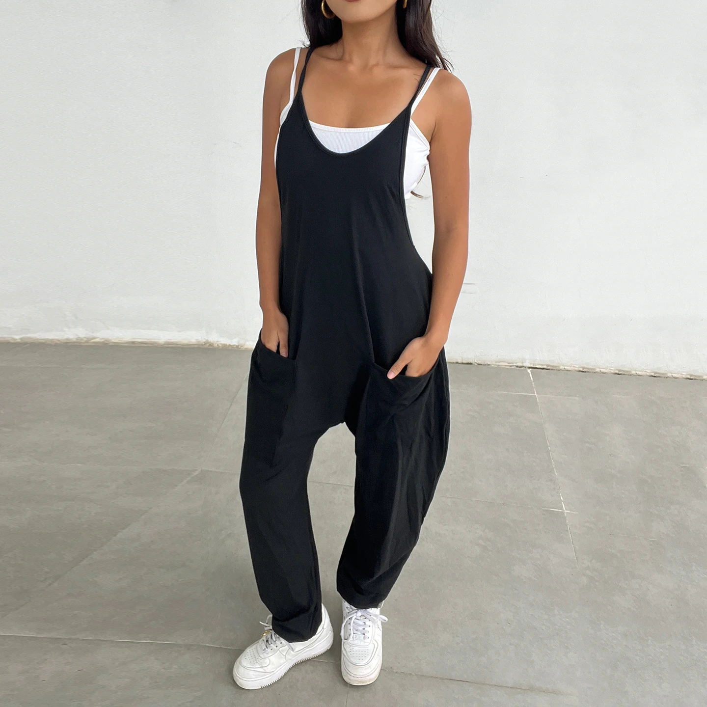 

IAMSURE-Casual V-Neck Lace Patchwork Loose Straps Jumpsuits Women's Summer Streetwear Backless One Piece Clothing Sporty Fashion