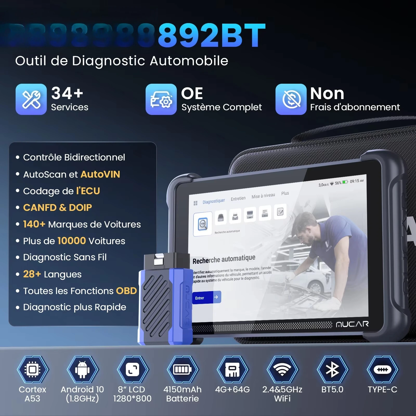 892BT 35 Resets Free Update Professional CANFD DOIP Outil De Diagnostic Intelligent AI Full System OBD2 Car Scanner