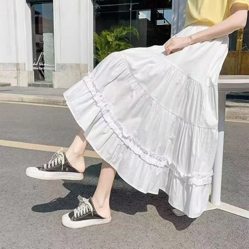 Matching Chic Cake Skirt Elastic Waist A-Line Lady's White Skirt Sweet Girl's Mid Length Flare Skirt Casual Vintage Women Skirt